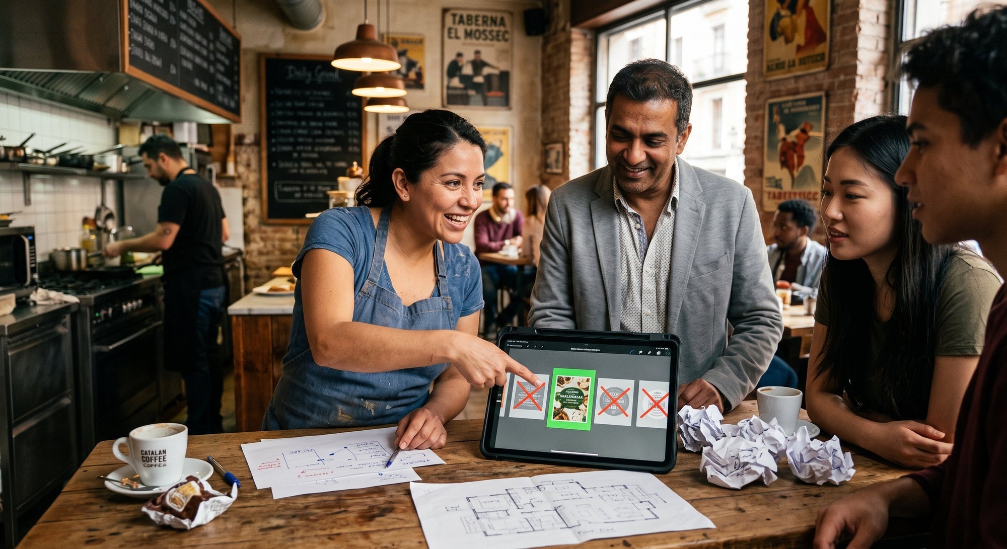 Small-business team reviewing and correcting AI-generated marketing content