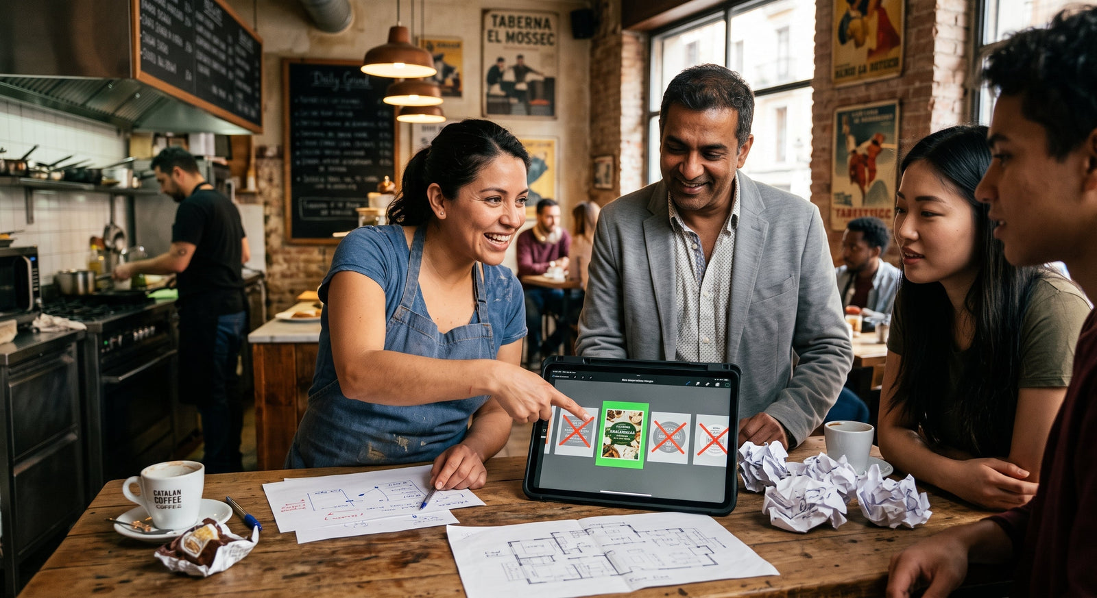Small-business team reviewing and correcting AI-generated marketing content