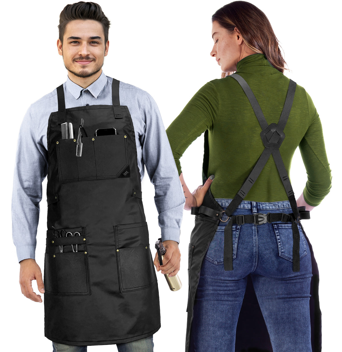 Barber Apron - Leather Straps, Pockets, Loops & Reinforcements - Crossback - Water Resistant - Under NY Sky