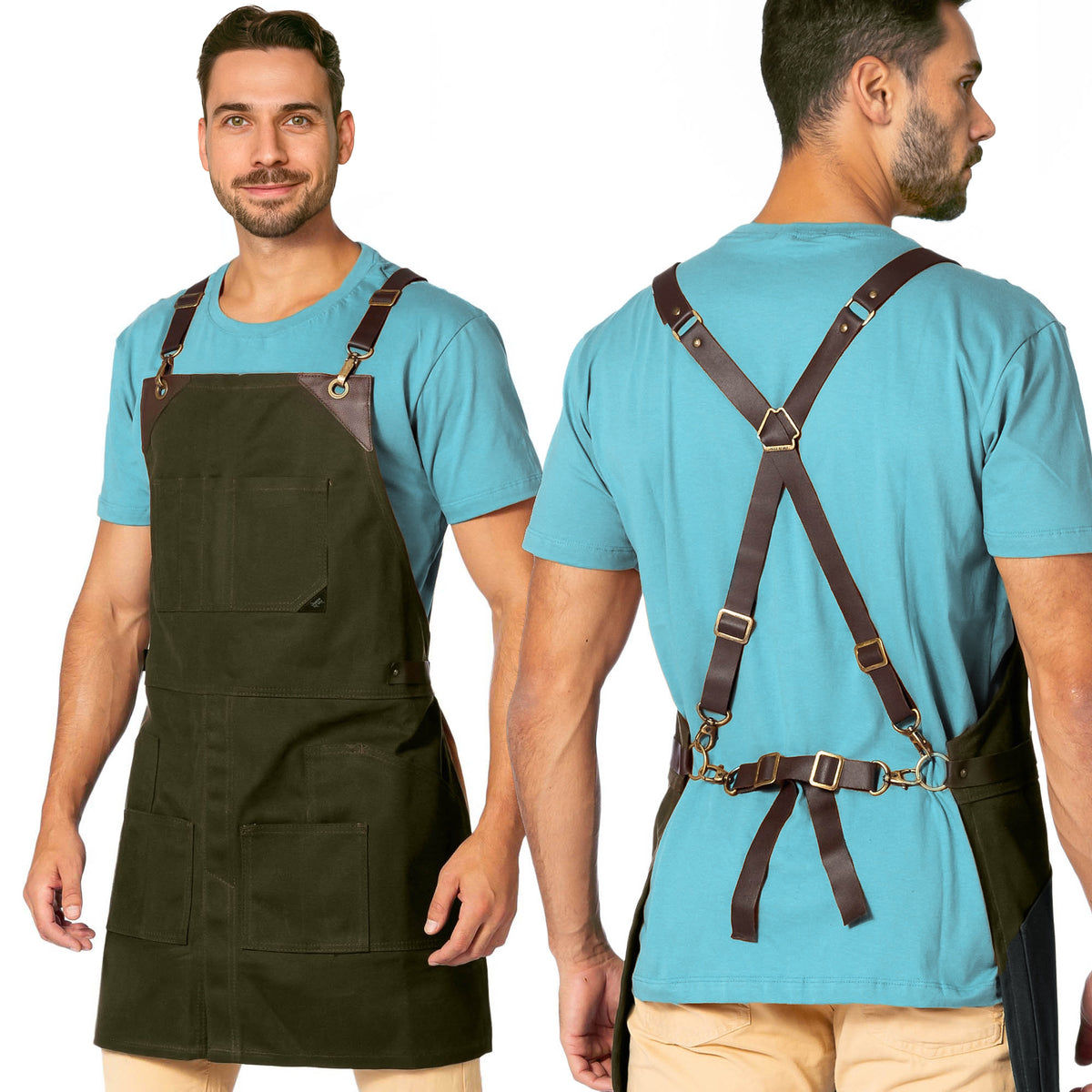 Leather Straps Apron - Denim or Waxed Canvas, CrossBack, Easy-Fastening - Carpenter, Shop, Work - Under NY Sky