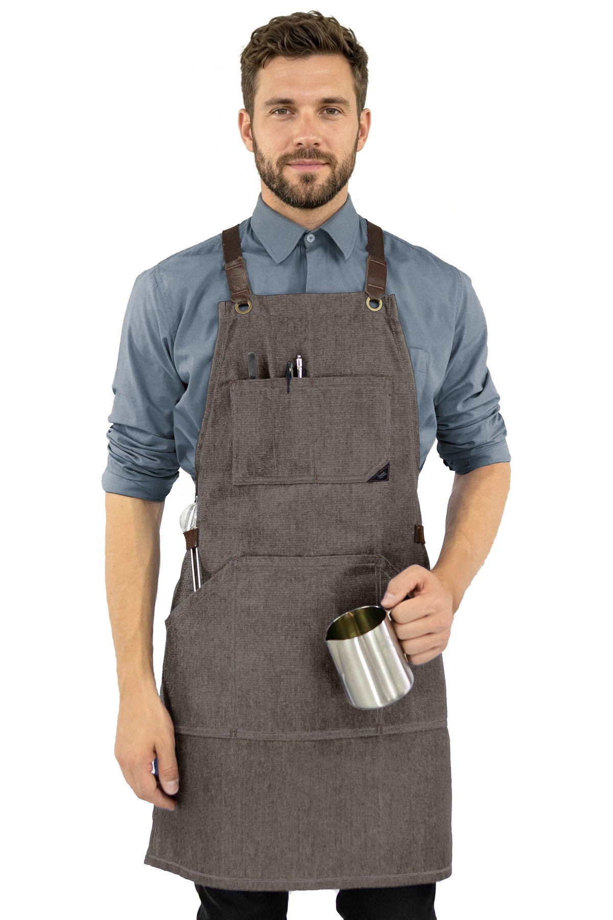 Work Apron - Professional Denim & Twill, Leather Trim, CrossBack, Chef, Bartender, Shop, Server - Under NY Sky