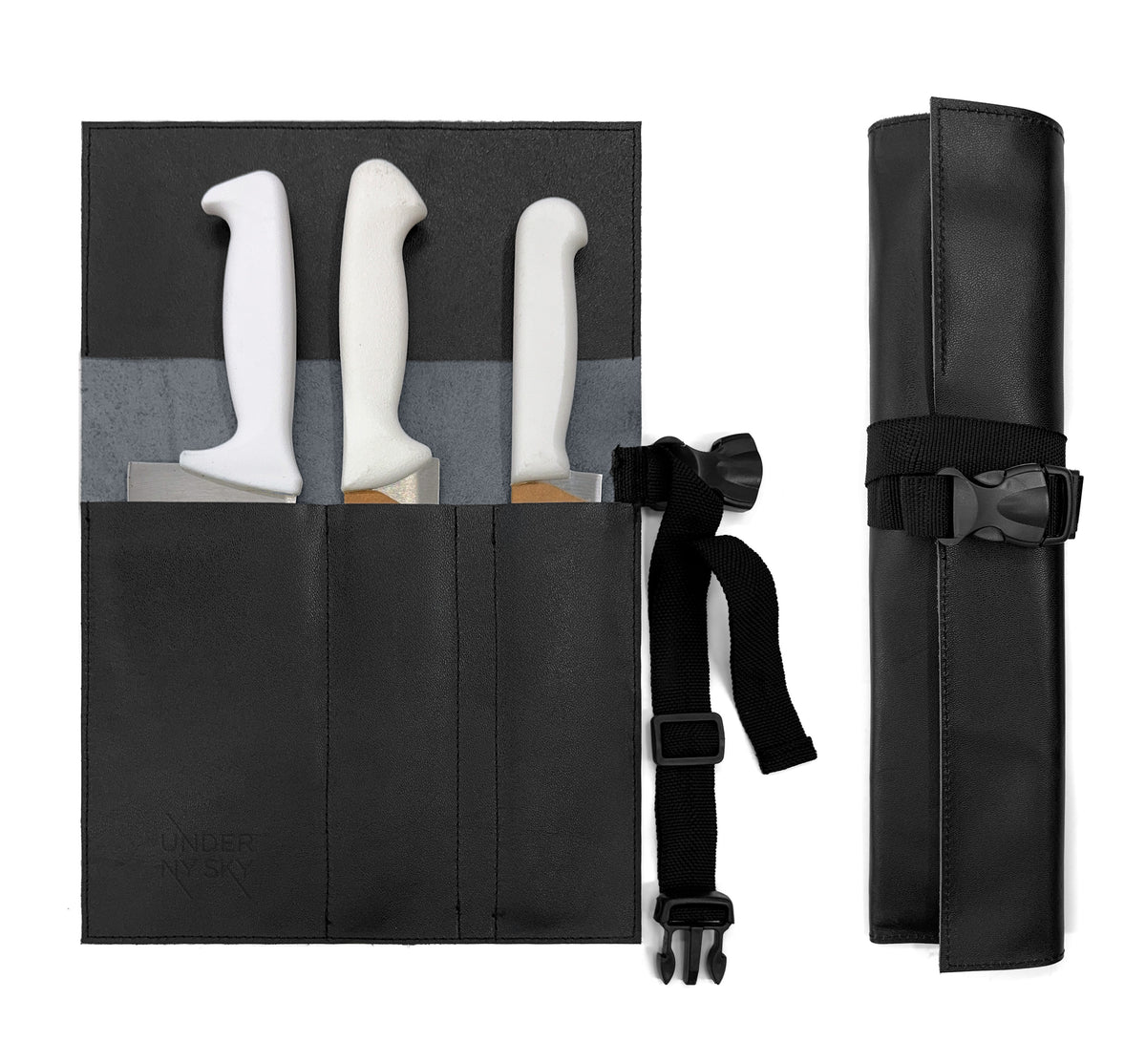 Genuine Leather Knife Roll Case - 1 to 6 Slots - Portable Bag Pouch for Cooking Tools, Utensils, Cutlery Knives - Chefs, BBQ - Under NY Sky