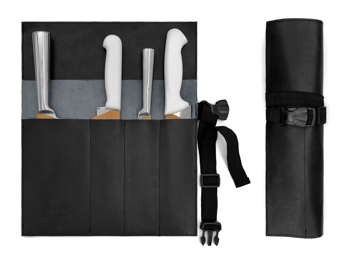Genuine Leather Knife Roll Case - 1 to 6 Slots - Portable Bag Pouch for Cooking Tools, Utensils, Cutlery Knives - Chefs, BBQ - Under NY Sky