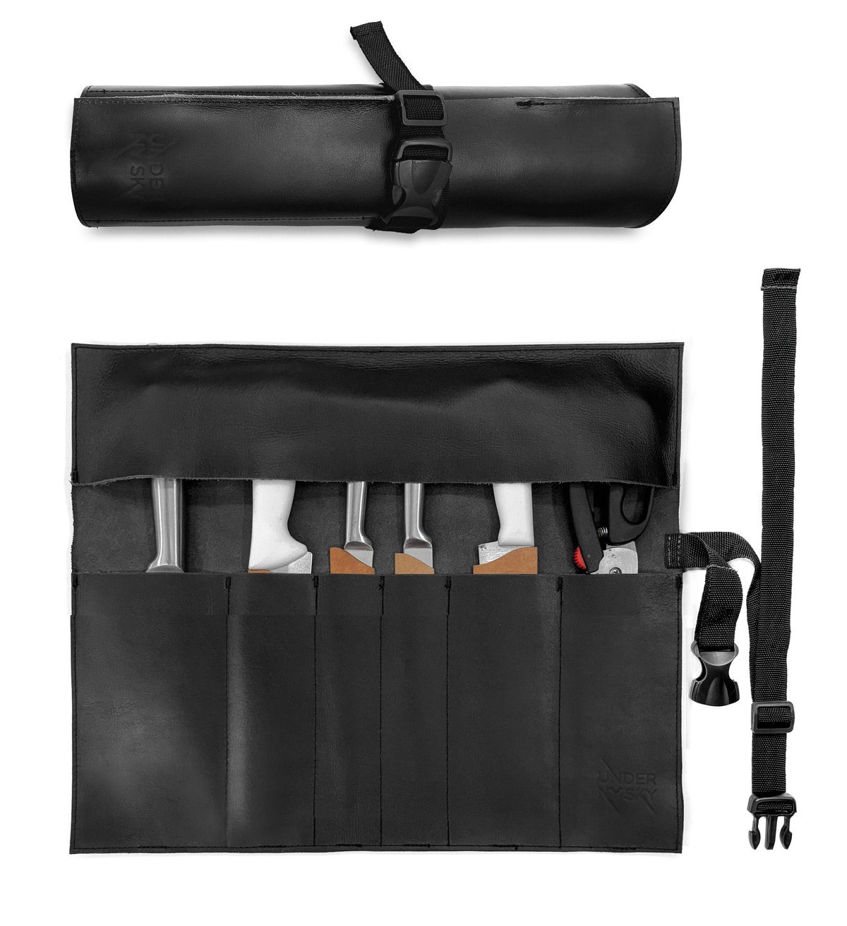Genuine Leather Knife Roll Case - 1 to 6 Slots - Portable Bag Pouch for Cooking Tools, Utensils, Cutlery Knives - Chefs, BBQ - Under NY Sky