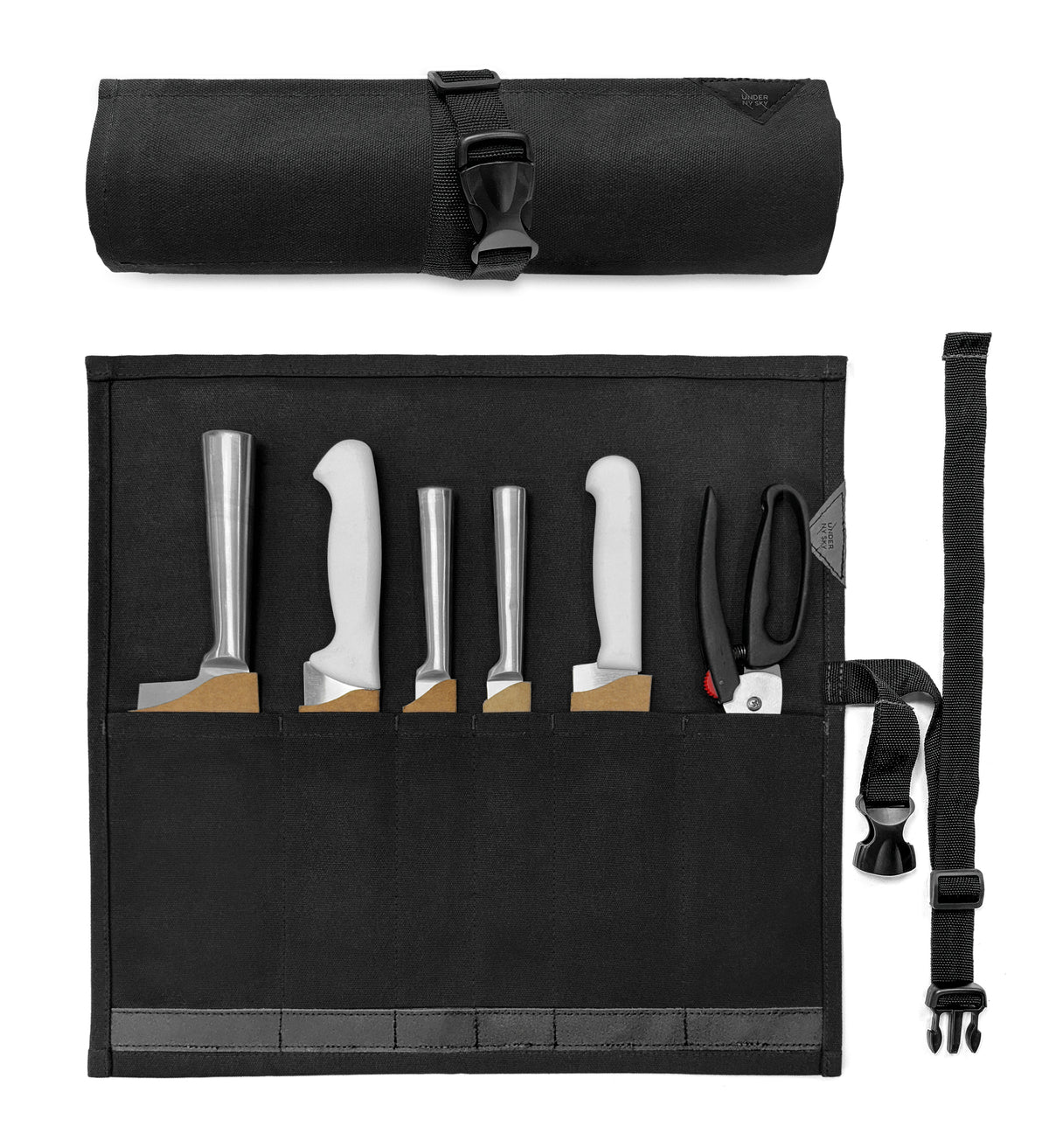 Knife Roll Case - 1 to 6 Slots - Waxed Canvas Pouch, Leather Reinforced - Portable for Cooking Tools, Utensils, Cutlery Knives -  Under NY Sky