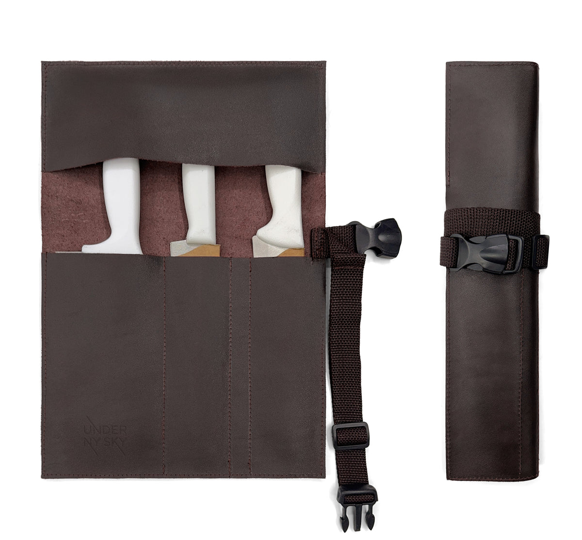 Genuine Leather Knife Roll Case - 1 to 6 Slots - Portable Bag Pouch for Cooking Tools, Utensils, Cutlery Knives - Chefs, BBQ - Under NY Sky