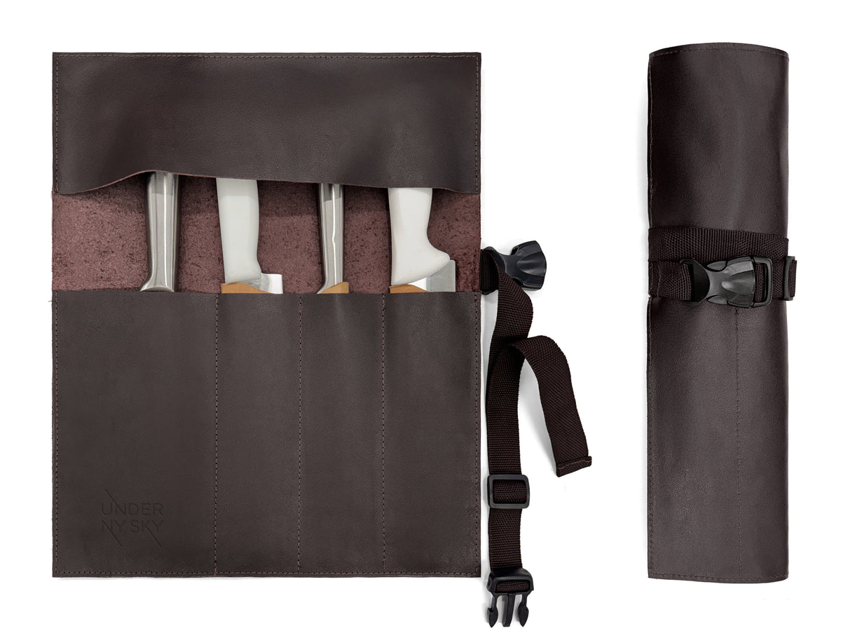 Genuine Leather Knife Roll Case - 1 to 6 Slots - Portable Bag Pouch for Cooking Tools, Utensils, Cutlery Knives - Chefs, BBQ - Under NY Sky