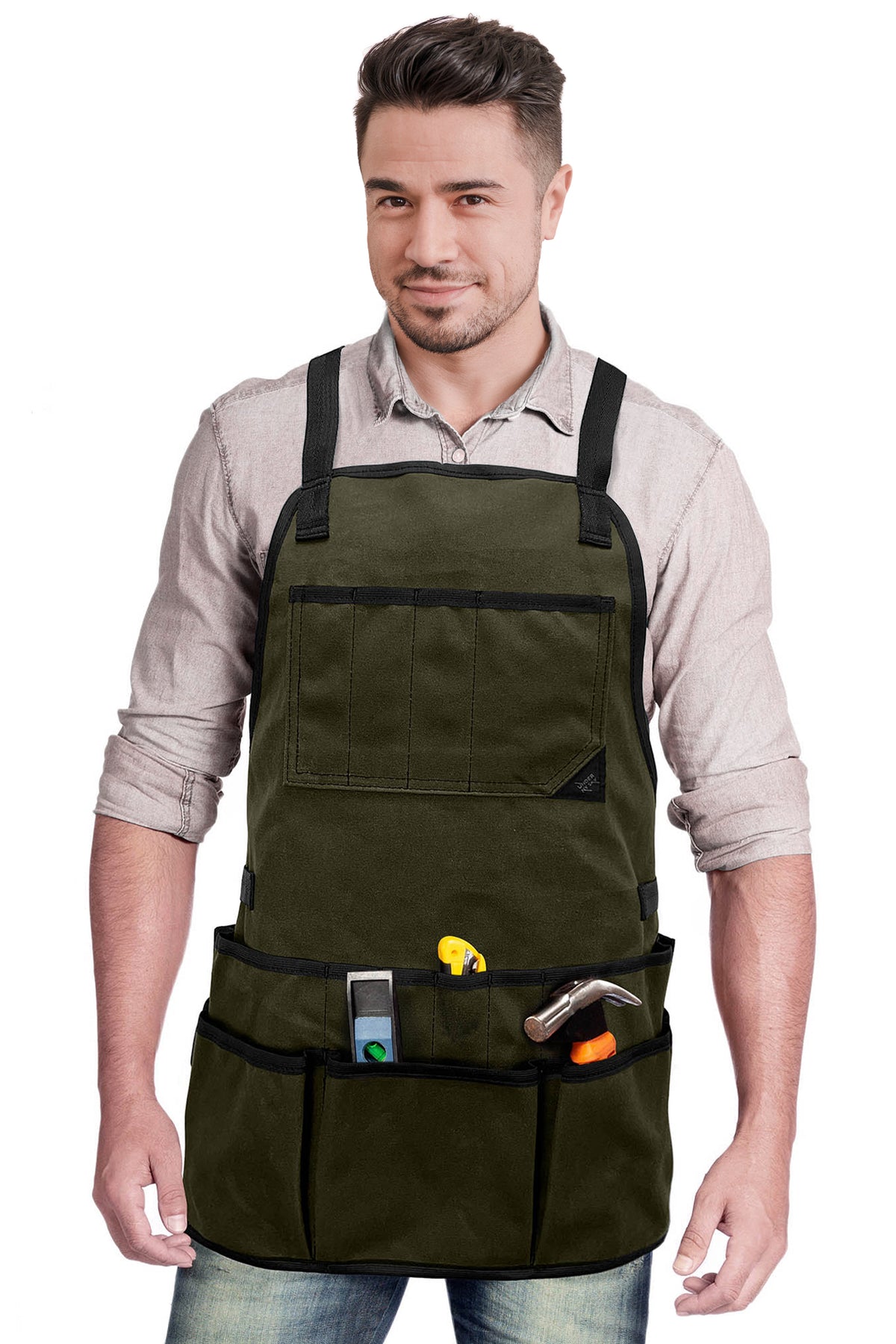 Tool Apron - 20 Pockets & Slots, Cross-Back, Sturdy Waxed Canvas - Under NY Sky