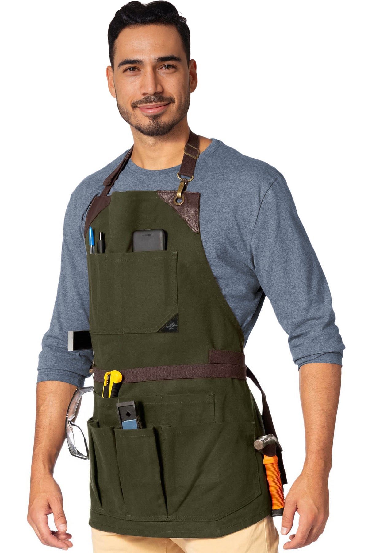Tool Apron - 12 Pockets, Heavy-Duty Waxed Canvas, Leather Trim, NoTie - Woodwork, Garden, Shop - Under NY Sky