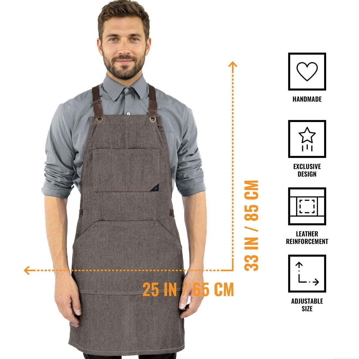 Work Apron - Professional Denim & Twill, Leather Trim, CrossBack, Chef, Bartender, Shop, Server - Under NY Sky