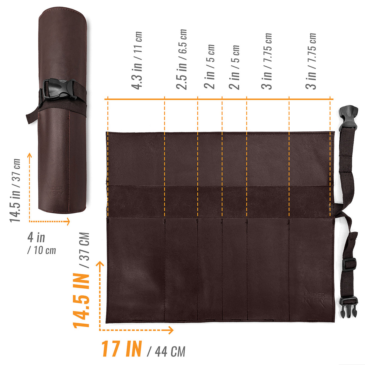 Genuine Leather Knife Roll Case - 1 to 6 Slots - Portable Bag Pouch for Cooking Tools, Utensils, Cutlery Knives - Chefs, BBQ - Under NY Sky
