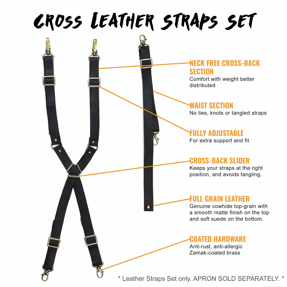 Leather Straps for CrossBack Apron - Shoulder & Waist Set - Chef, Barber, Bartender, Barista - Under NY Sky