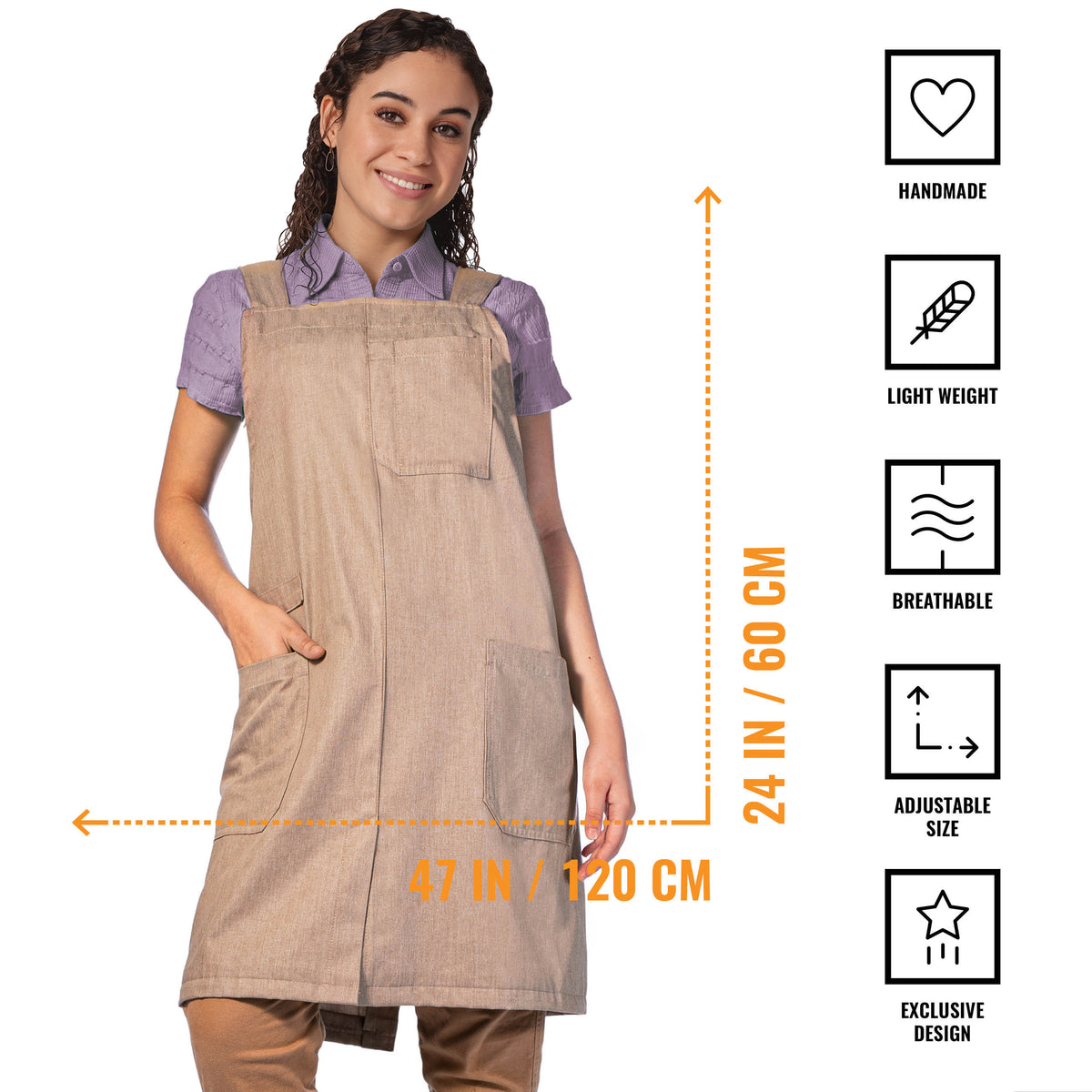 Cross Back Apron - Pinafore Apron, 3 Pockets, Loop - Baking Cooking, Gardening, School - Under NY Sky