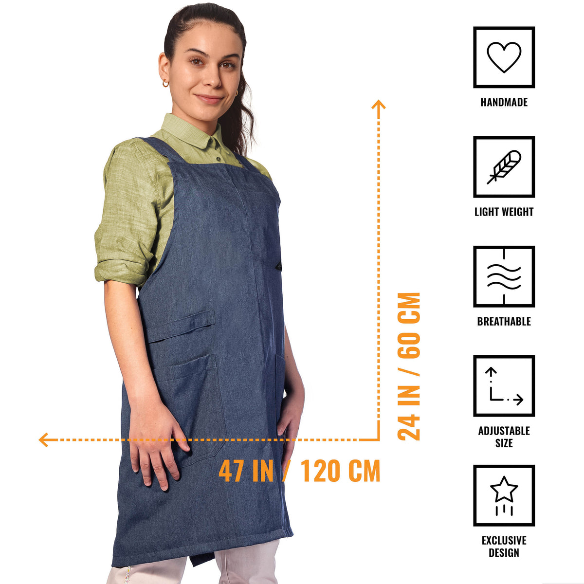 Cross Back Apron - Pinafore Apron, 3 Pockets, Loop - Baking Cooking, Gardening, School - Under NY Sky
