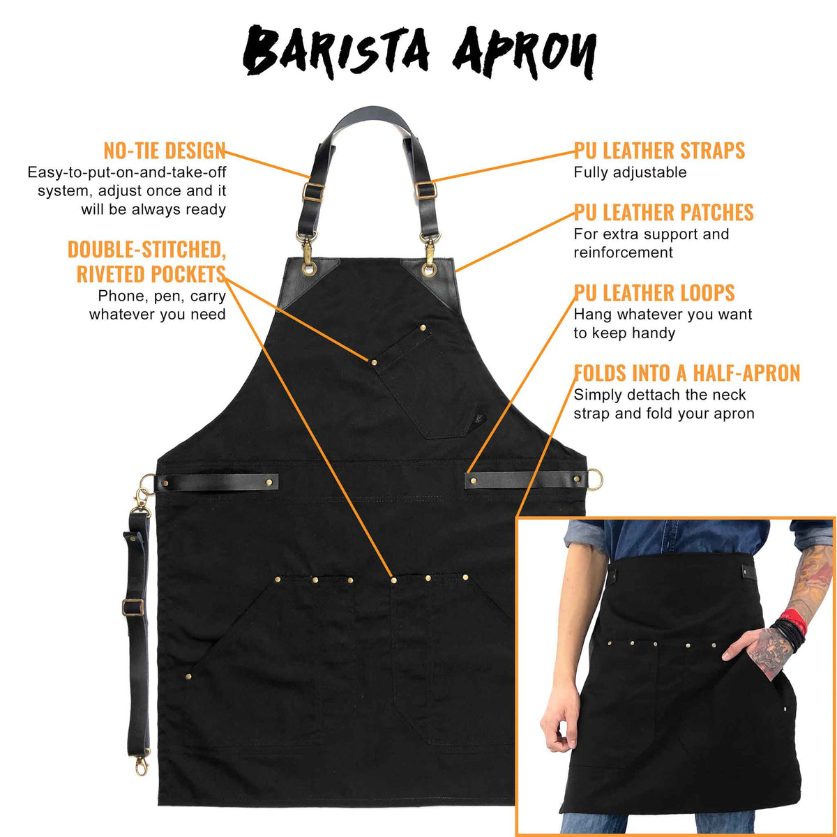 Barista Apron - Leather Straps & Loops - Double Stitched  - Chef, Cook, Barista, Bartender - Under NY Sky