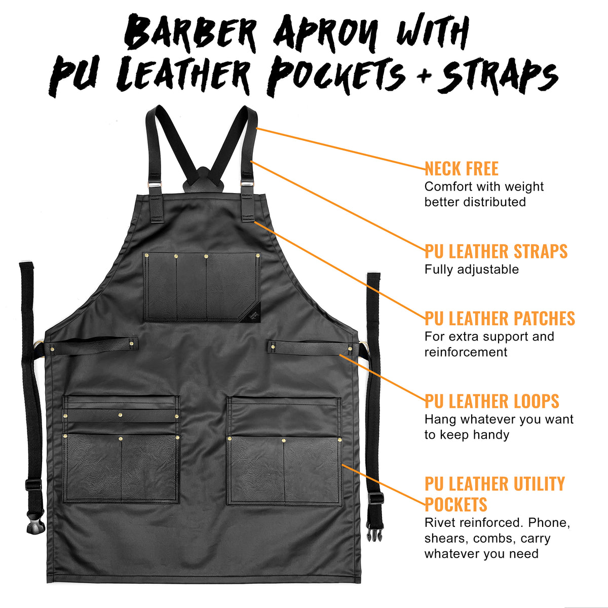 Barber Apron - Leather Straps, Pockets, Loops & Reinforcements - Crossback - Water Resistant - Under NY Sky