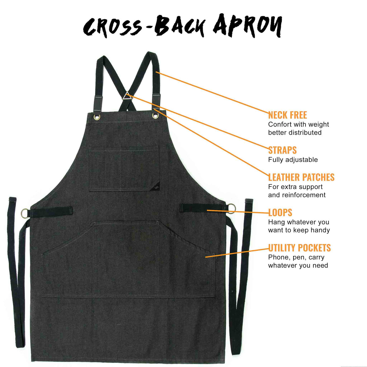 Work Apron - Professional Denim & Twill, Leather Trim, CrossBack, Chef, Bartender, Shop, Server - Under NY Sky