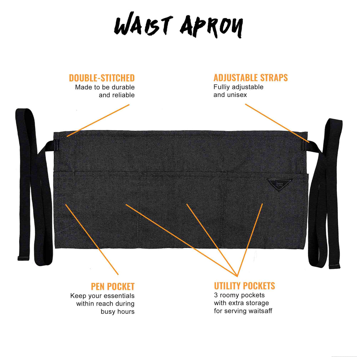 Waist Apron - 3 pockets, Durable Twill or Denim - Half Apron - Server, Waiter, Waitress, Bartender, Shop, Restaurant, Bistro Aprons - Under NY Sky