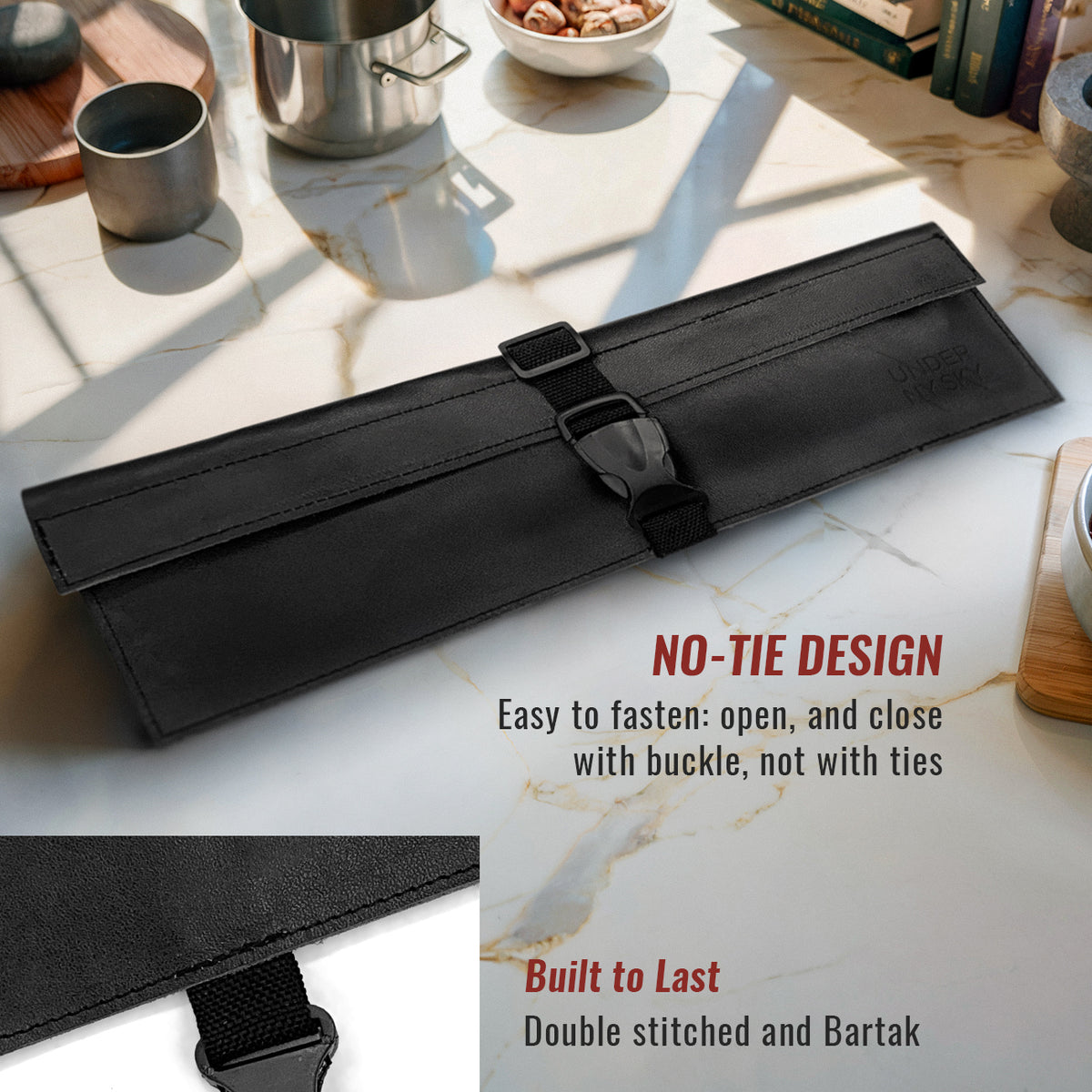 Genuine Leather Knife Roll Case - 1 to 6 Slots - Portable Bag Pouch for Cooking Tools, Utensils, Cutlery Knives - Chefs, BBQ - Under NY Sky