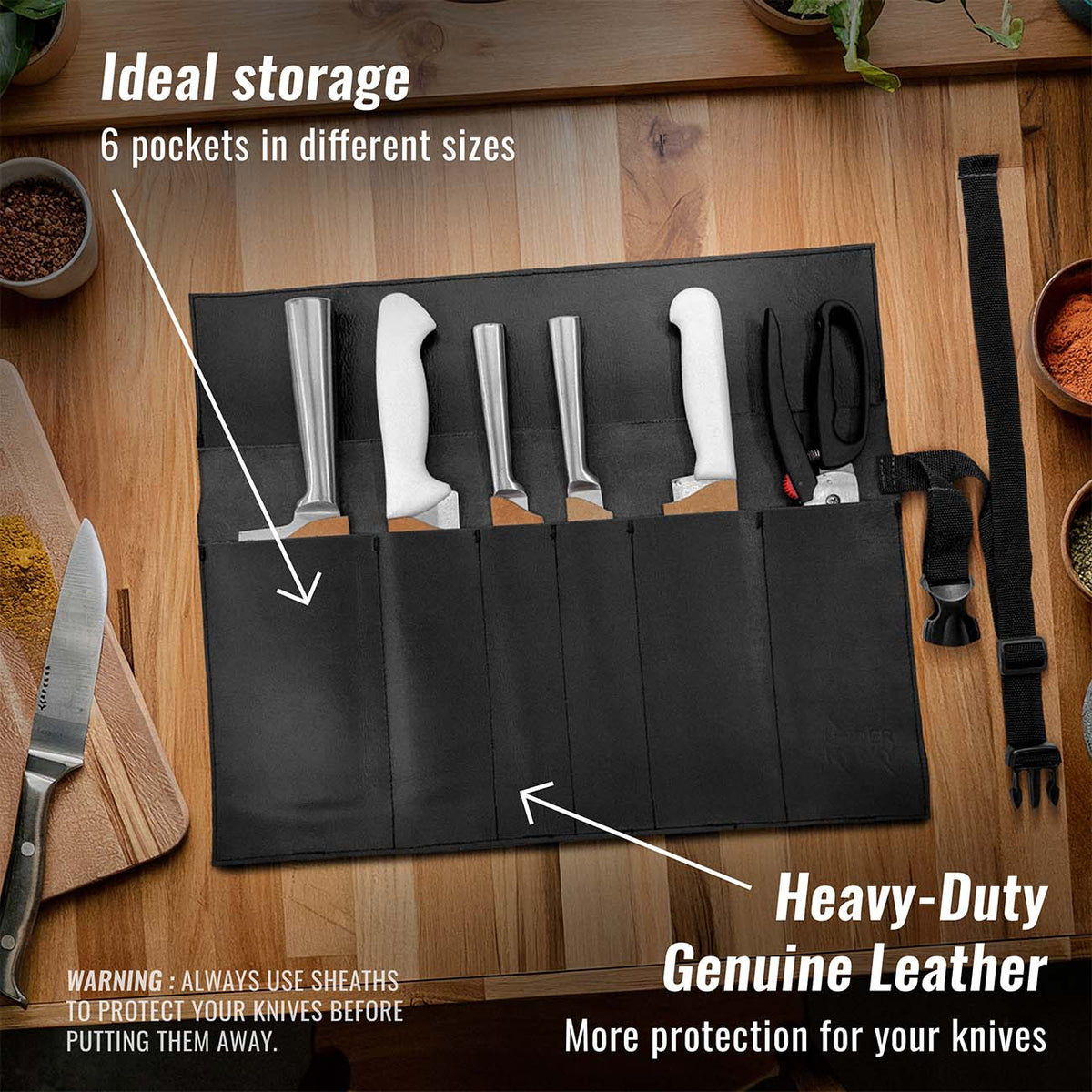 Genuine Leather Knife Roll Case - 1 to 6 Slots - Portable Bag Pouch for Cooking Tools, Utensils, Cutlery Knives - Chefs, BBQ - Under NY Sky