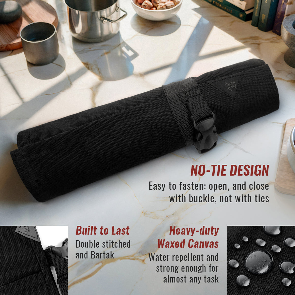 Knife Roll Case - 1 to 6 Slots - Waxed Canvas Pouch, Leather Reinforced - Portable for Cooking Tools, Utensils, Cutlery Knives -  Under NY Sky