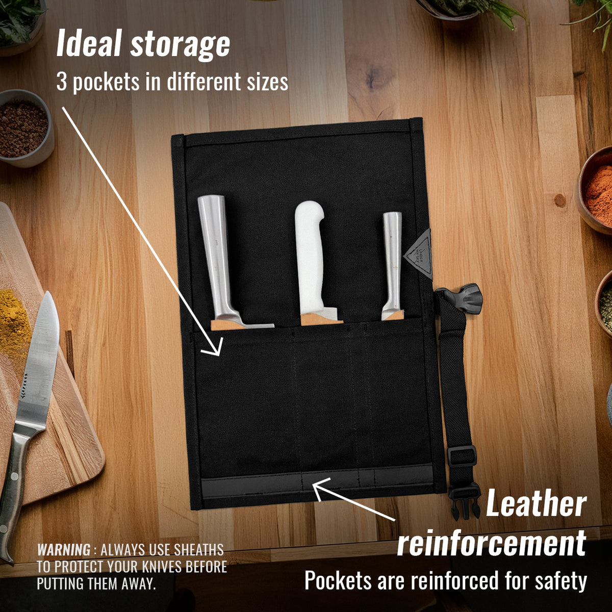 Knife Roll Case - 1 to 6 Slots - Waxed Canvas Pouch, Leather Reinforced - Portable for Cooking Tools, Utensils, Cutlery Knives -  Under NY Sky