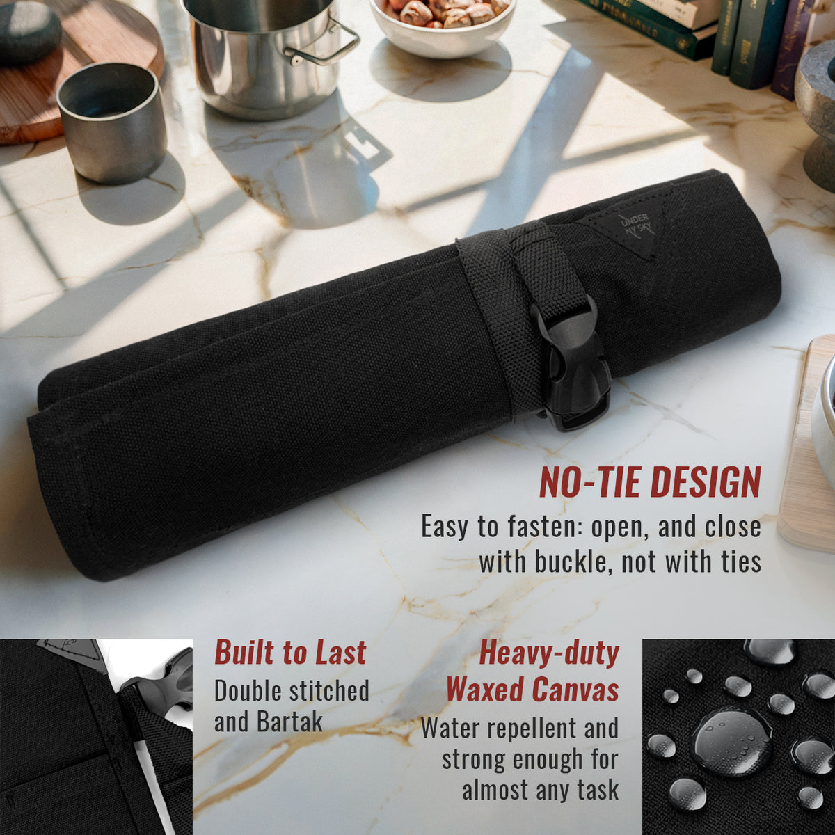Knife Roll Case - 1 to 6 Slots - Waxed Canvas Pouch, Leather Reinforced - Portable for Cooking Tools, Utensils, Cutlery Knives -  Under NY Sky