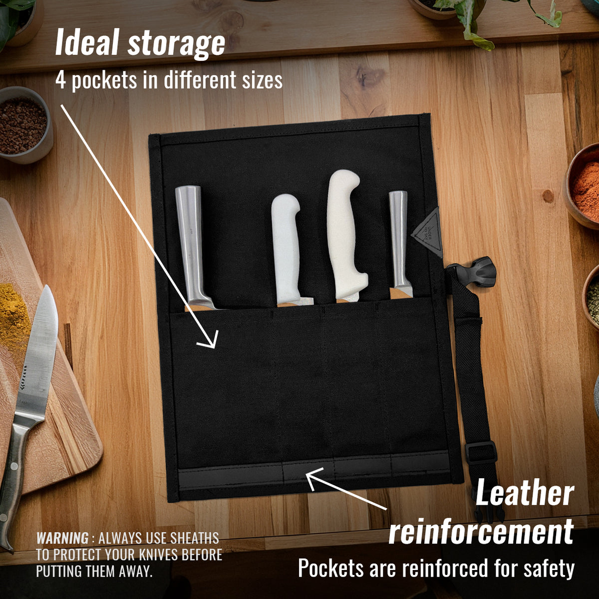 Knife Roll Case - 1 to 6 Slots - Waxed Canvas Pouch, Leather Reinforced - Portable for Cooking Tools, Utensils, Cutlery Knives -  Under NY Sky