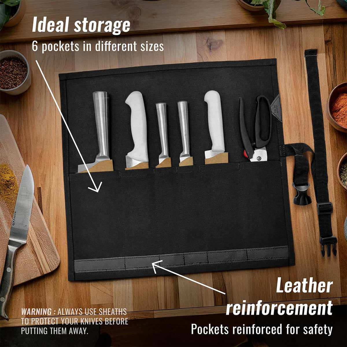 Knife Roll Case - 1 to 6 Slots - Waxed Canvas Pouch, Leather Reinforced - Portable for Cooking Tools, Utensils, Cutlery Knives -  Under NY Sky