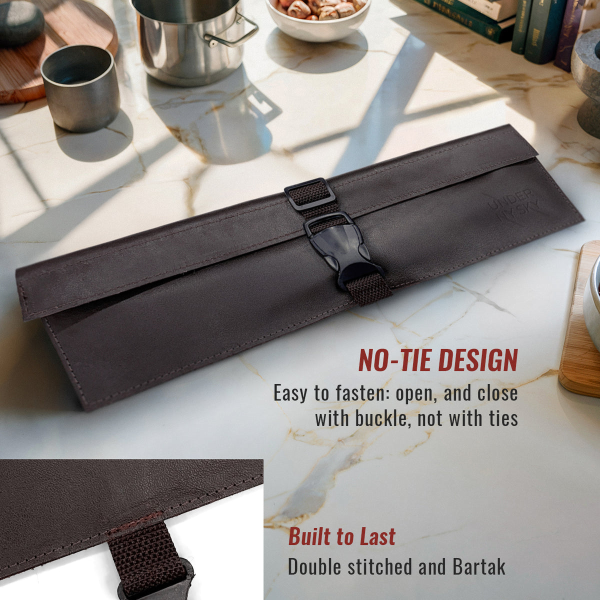 Genuine Leather Knife Roll Case - 1 to 6 Slots - Portable Bag Pouch for Cooking Tools, Utensils, Cutlery Knives - Chefs, BBQ - Under NY Sky