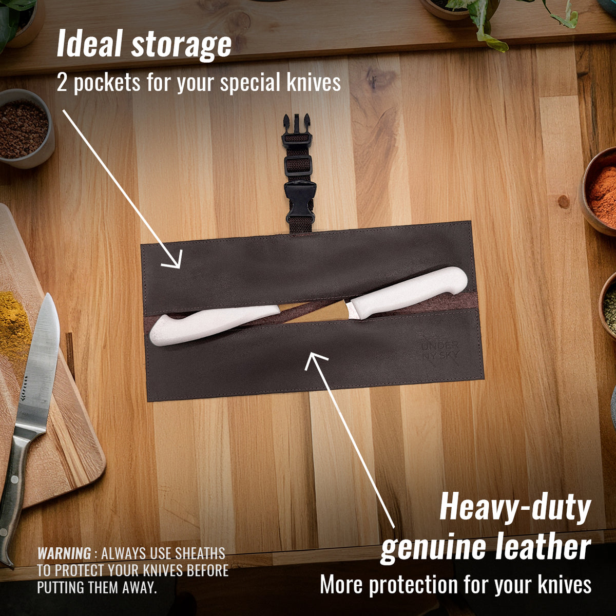 Genuine Leather Knife Roll Case - 1 to 6 Slots - Portable Bag Pouch for Cooking Tools, Utensils, Cutlery Knives - Chefs, BBQ - Under NY Sky