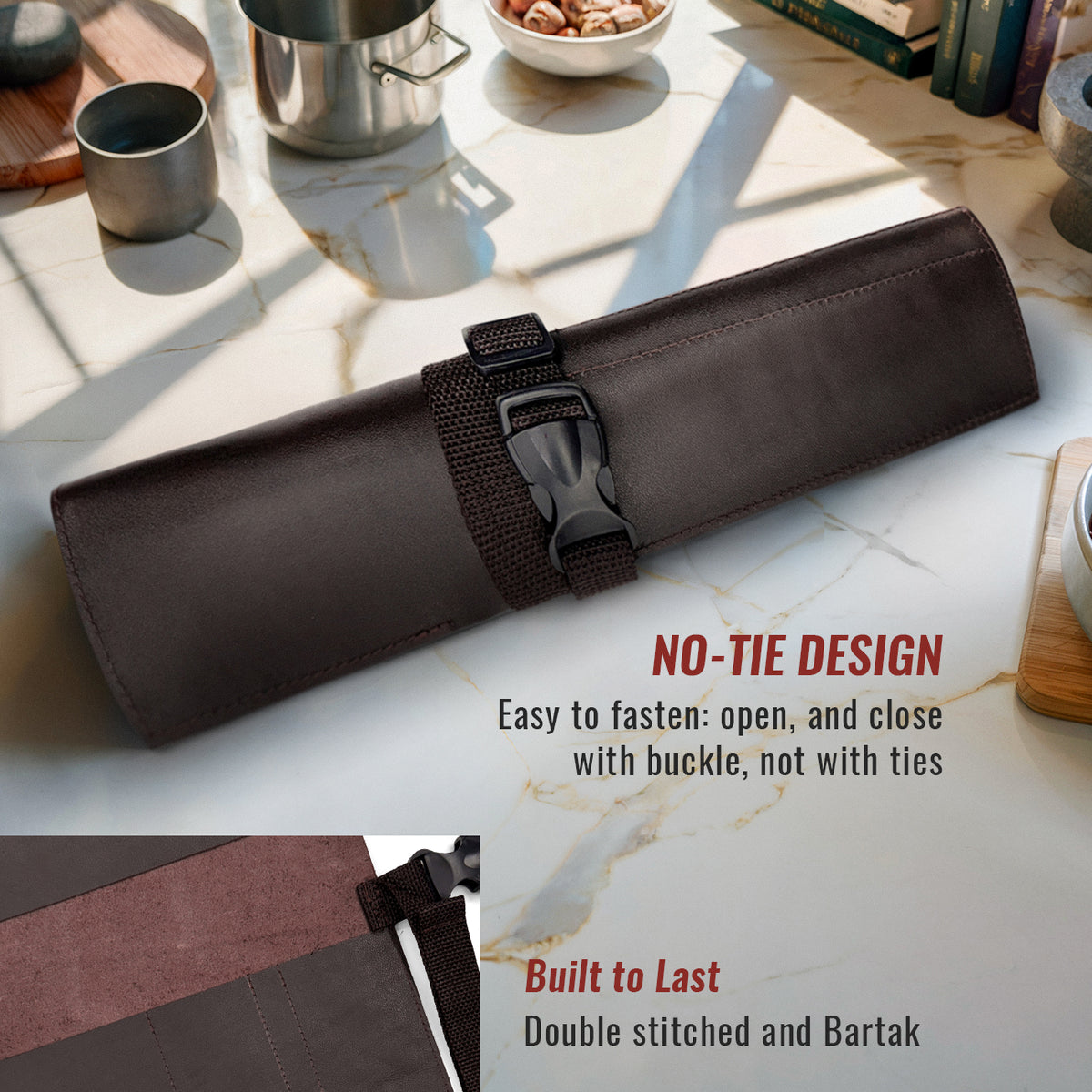 Genuine Leather Knife Roll Case - 1 to 6 Slots - Portable Bag Pouch for Cooking Tools, Utensils, Cutlery Knives - Chefs, BBQ - Under NY Sky