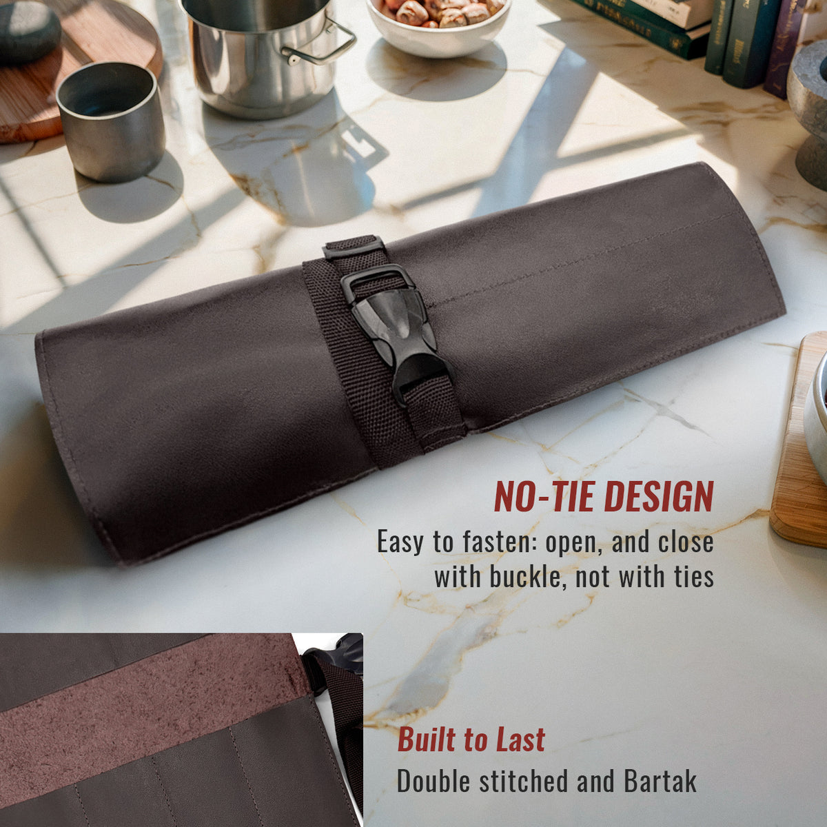 Genuine Leather Knife Roll Case - 1 to 6 Slots - Portable Bag Pouch for Cooking Tools, Utensils, Cutlery Knives - Chefs, BBQ - Under NY Sky