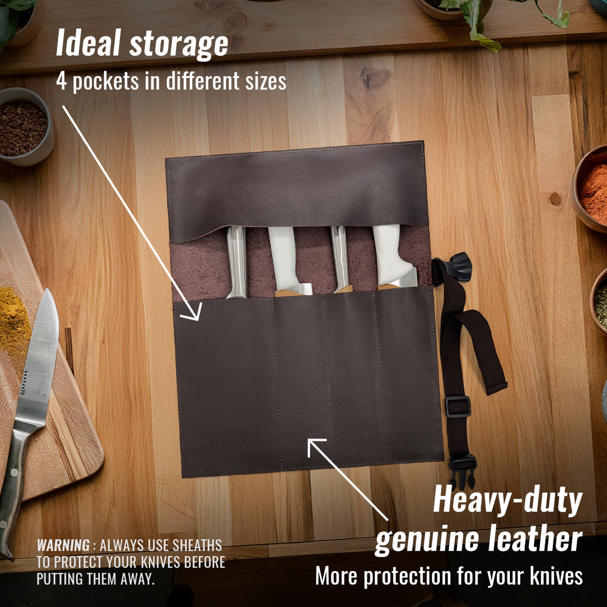 Genuine Leather Knife Roll Case - 1 to 6 Slots - Portable Bag Pouch for Cooking Tools, Utensils, Cutlery Knives - Chefs, BBQ - Under NY Sky