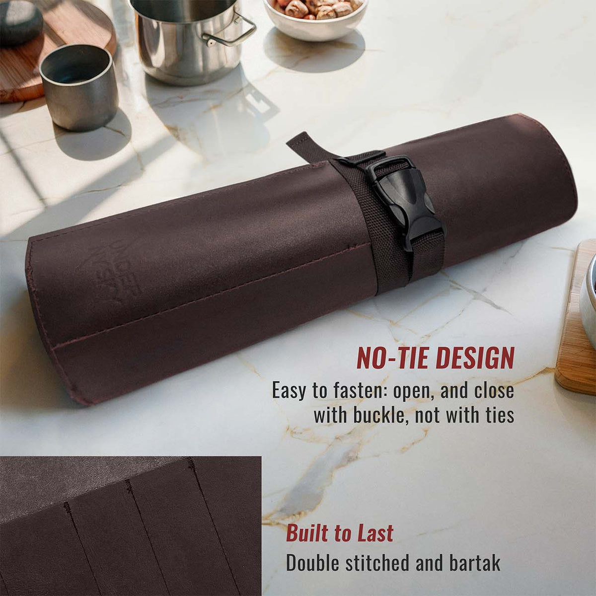 Genuine Leather Knife Roll Case - 1 to 6 Slots - Portable Bag Pouch for Cooking Tools, Utensils, Cutlery Knives - Chefs, BBQ - Under NY Sky