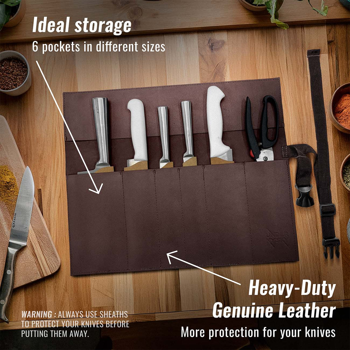 Genuine Leather Knife Roll Case - 1 to 6 Slots - Portable Bag Pouch for Cooking Tools, Utensils, Cutlery Knives - Chefs, BBQ - Under NY Sky