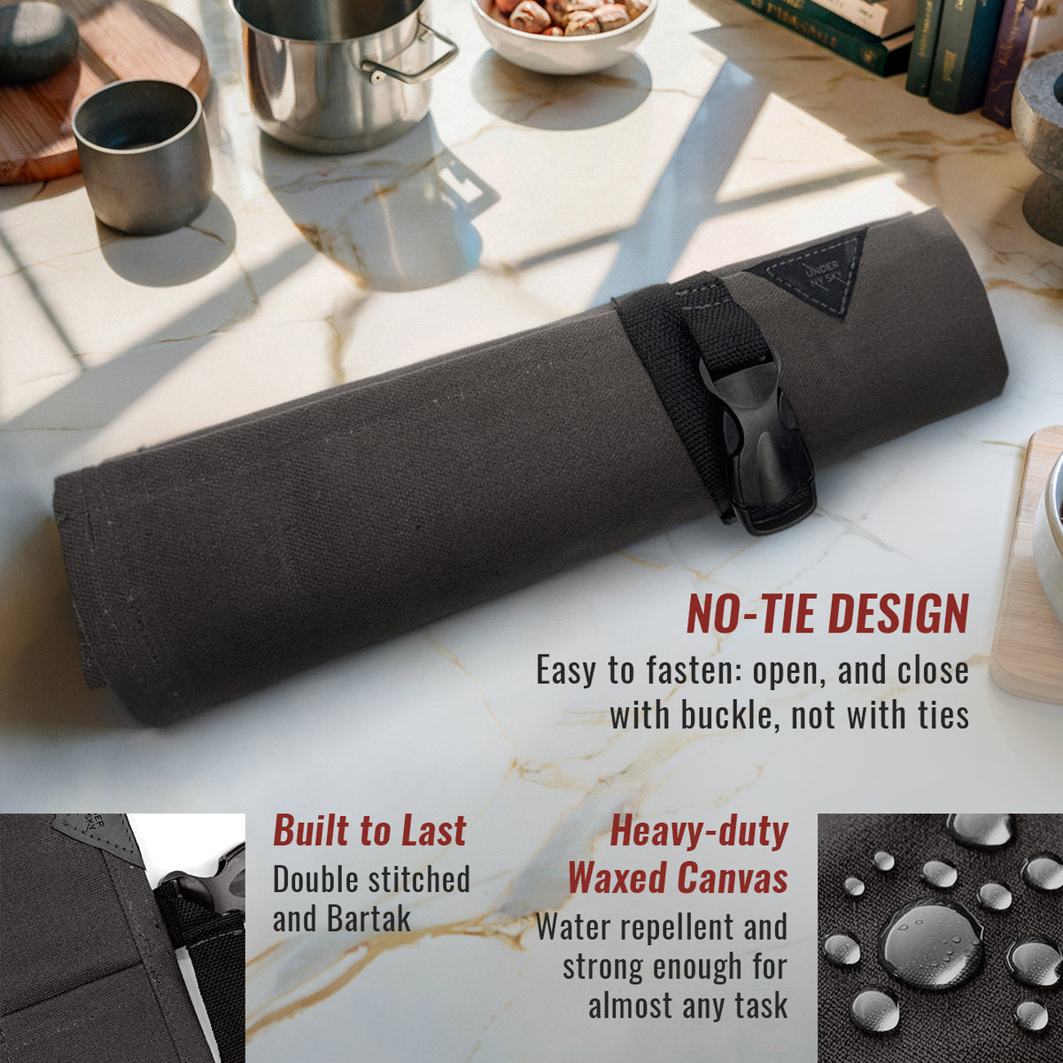 Knife Roll Case - 1 to 6 Slots - Waxed Canvas Pouch, Leather Reinforced - Portable for Cooking Tools, Utensils, Cutlery Knives -  Under NY Sky
