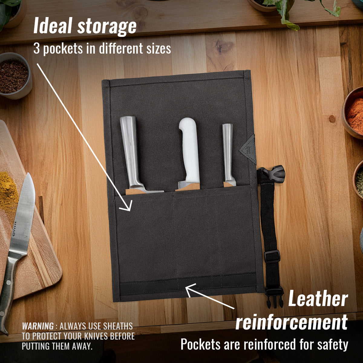 Knife Roll Case - 1 to 6 Slots - Waxed Canvas Pouch, Leather Reinforced - Portable for Cooking Tools, Utensils, Cutlery Knives -  Under NY Sky