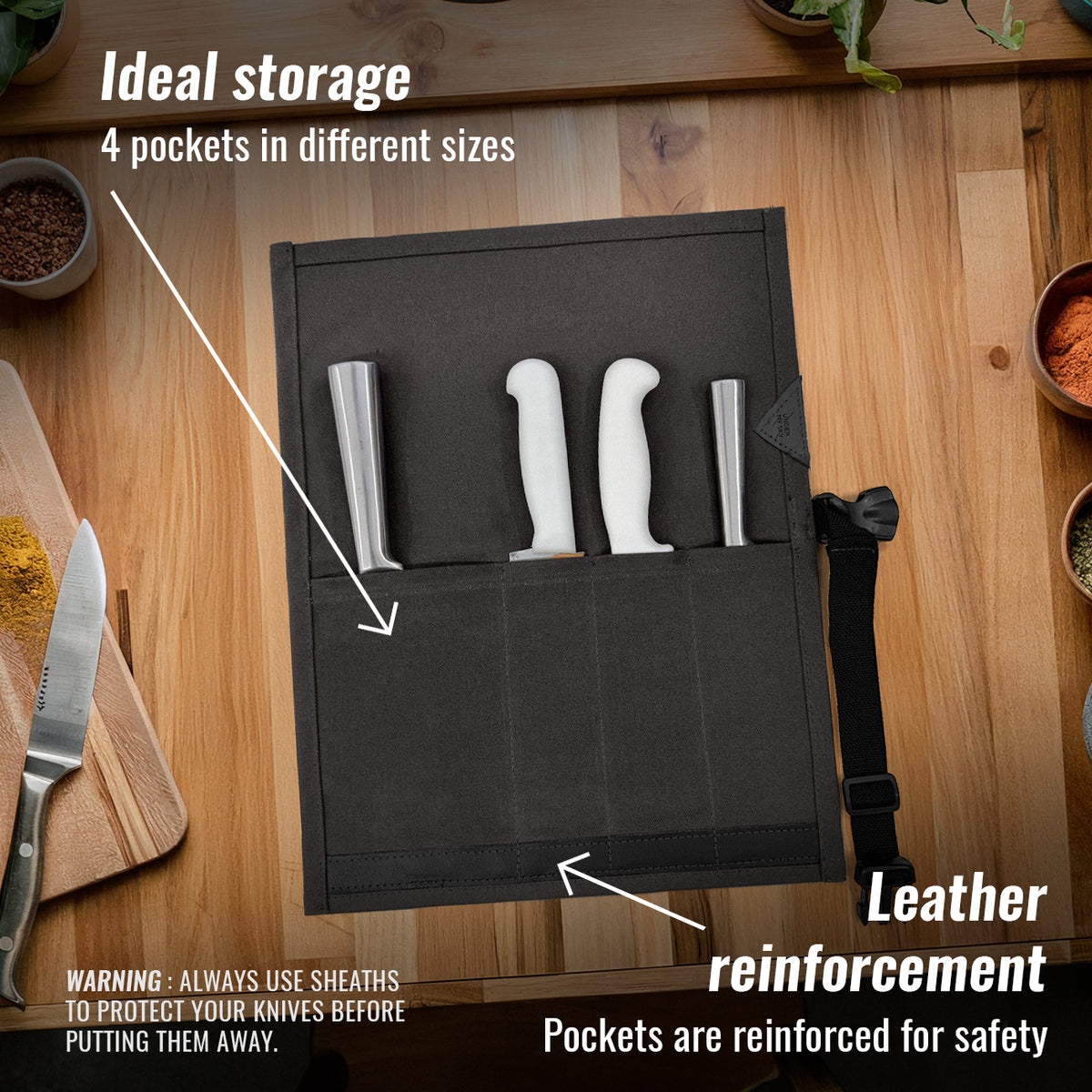Knife Roll Case - 1 to 6 Slots - Waxed Canvas Pouch, Leather Reinforced - Portable for Cooking Tools, Utensils, Cutlery Knives -  Under NY Sky
