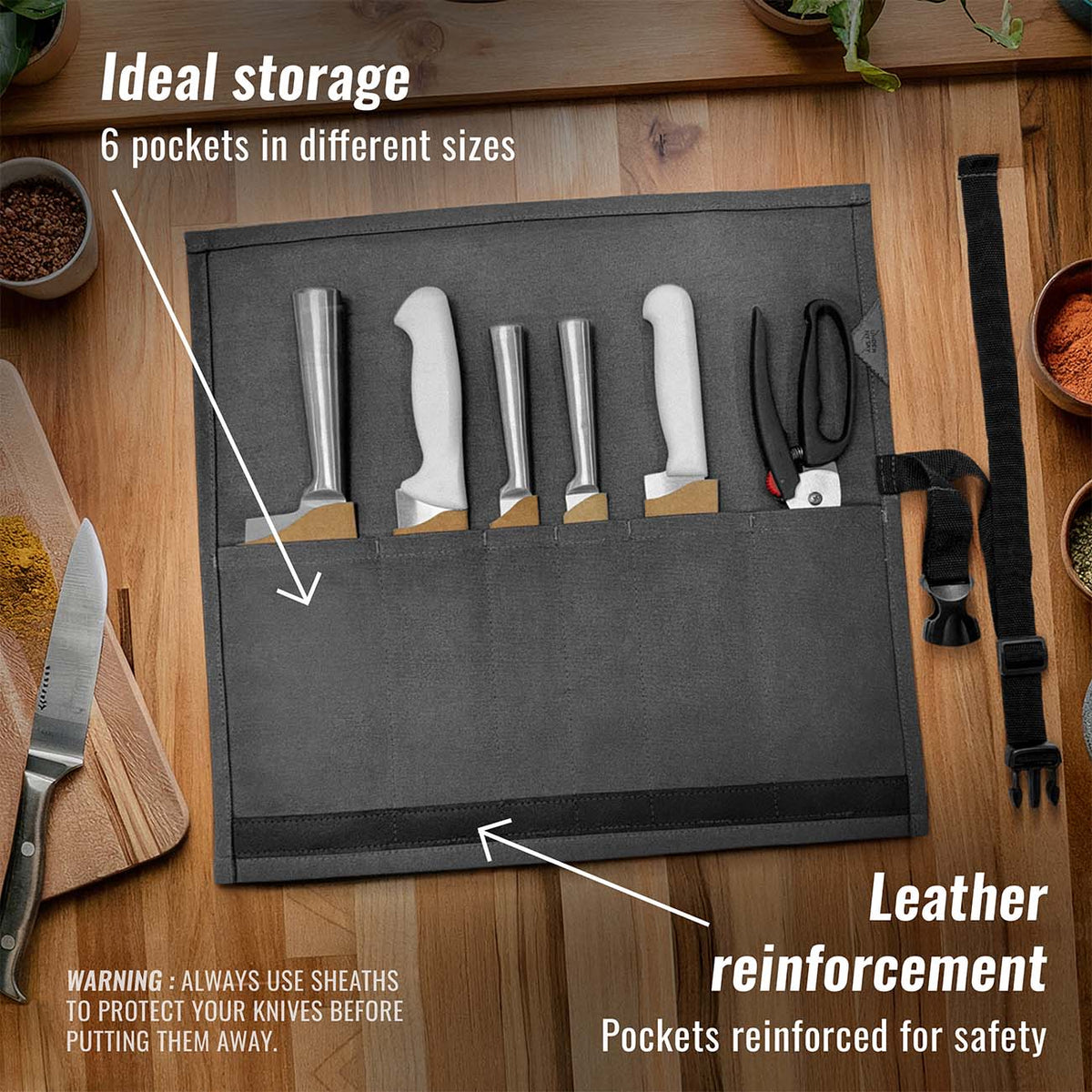 Knife Roll Case - 1 to 6 Slots - Waxed Canvas Pouch, Leather Reinforced - Portable for Cooking Tools, Utensils, Cutlery Knives -  Under NY Sky