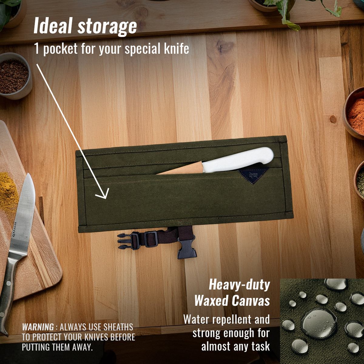 Knife Roll Case - 1 to 6 Slots - Waxed Canvas Pouch, Leather Reinforced - Portable for Cooking Tools, Utensils, Cutlery Knives -  Under NY Sky
