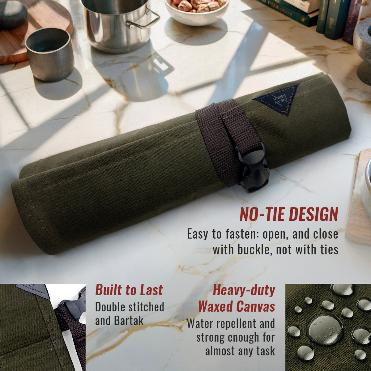 Knife Roll Case - 1 to 6 Slots - Waxed Canvas Pouch, Leather Reinforced - Portable for Cooking Tools, Utensils, Cutlery Knives -  Under NY Sky