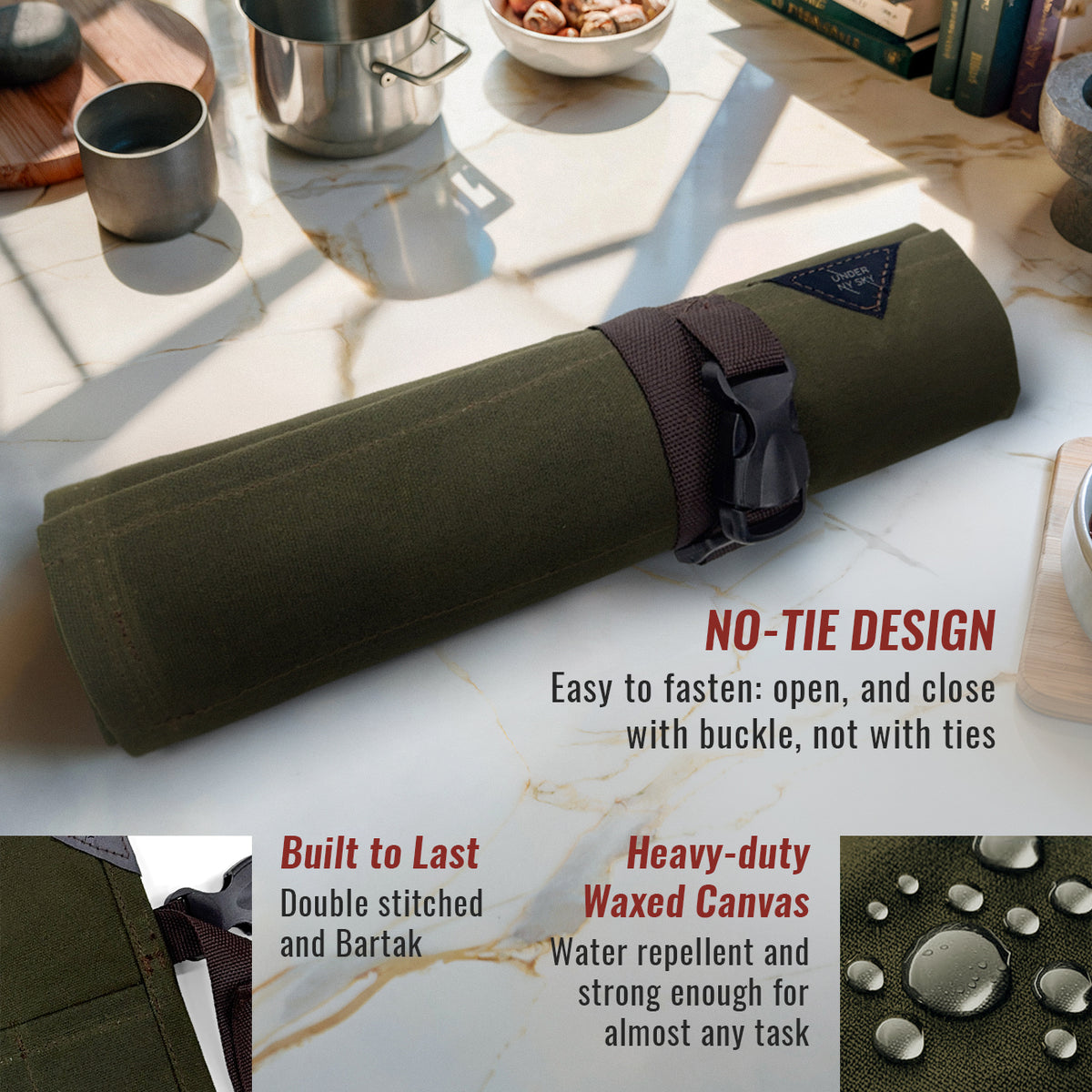 Knife Roll Case - 1 to 6 Slots - Waxed Canvas Pouch, Leather Reinforced - Portable for Cooking Tools, Utensils, Cutlery Knives -  Under NY Sky