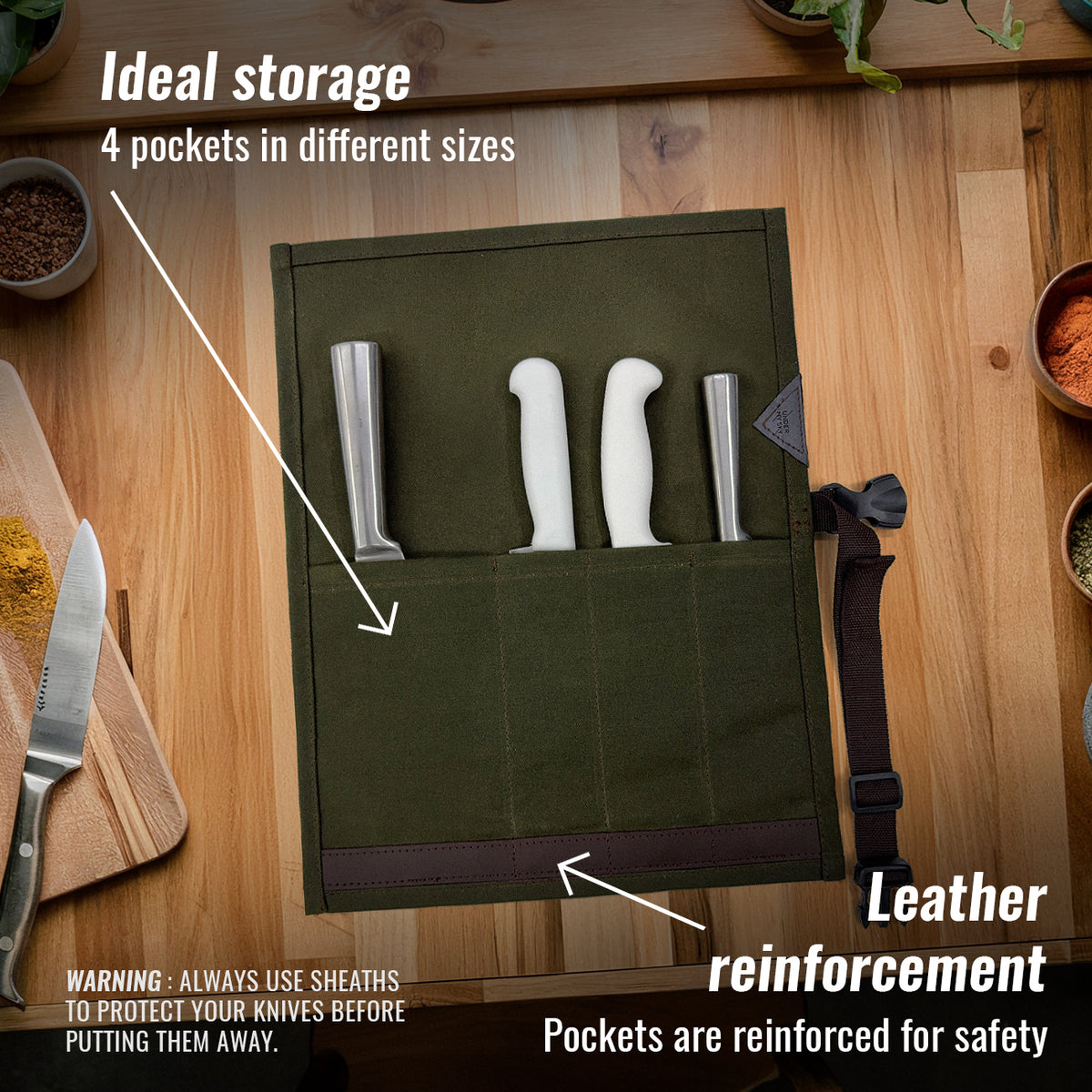 Knife Roll Case - 1 to 6 Slots - Waxed Canvas Pouch, Leather Reinforced - Portable for Cooking Tools, Utensils, Cutlery Knives -  Under NY Sky