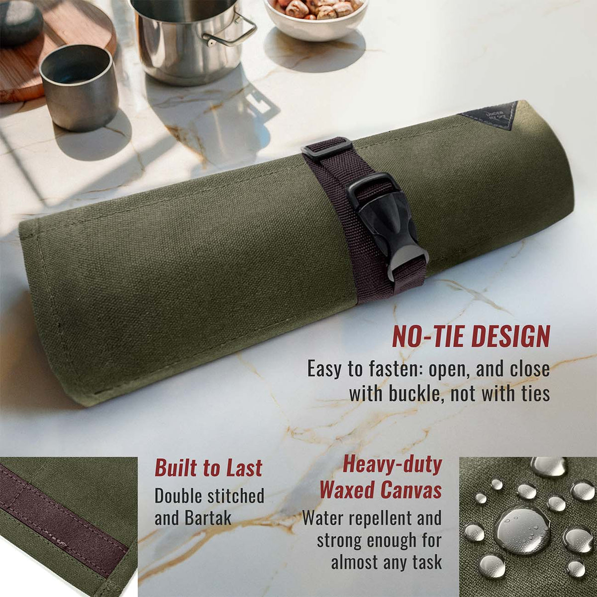 Knife Roll Case - 1 to 6 Slots - Waxed Canvas Pouch, Leather Reinforced - Portable for Cooking Tools, Utensils, Cutlery Knives -  Under NY Sky