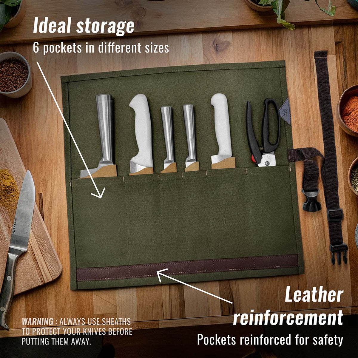Knife Roll Case - 1 to 6 Slots - Waxed Canvas Pouch, Leather Reinforced - Portable for Cooking Tools, Utensils, Cutlery Knives -  Under NY Sky