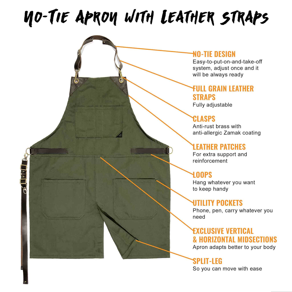 Leather Straps Apron - Twill - Easy-Fastening No-Tie - Chef, Bartender, Shop, Barista  -  Under NY Sky