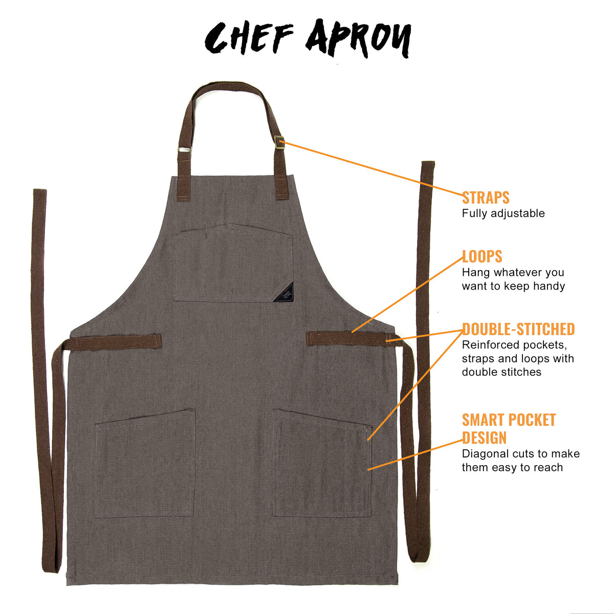 Chef Apron – Denim or Twill - Cotton Straps - Smart Pockets - Pro Chef, Cook, Barista, Bartender - Under NY Sky