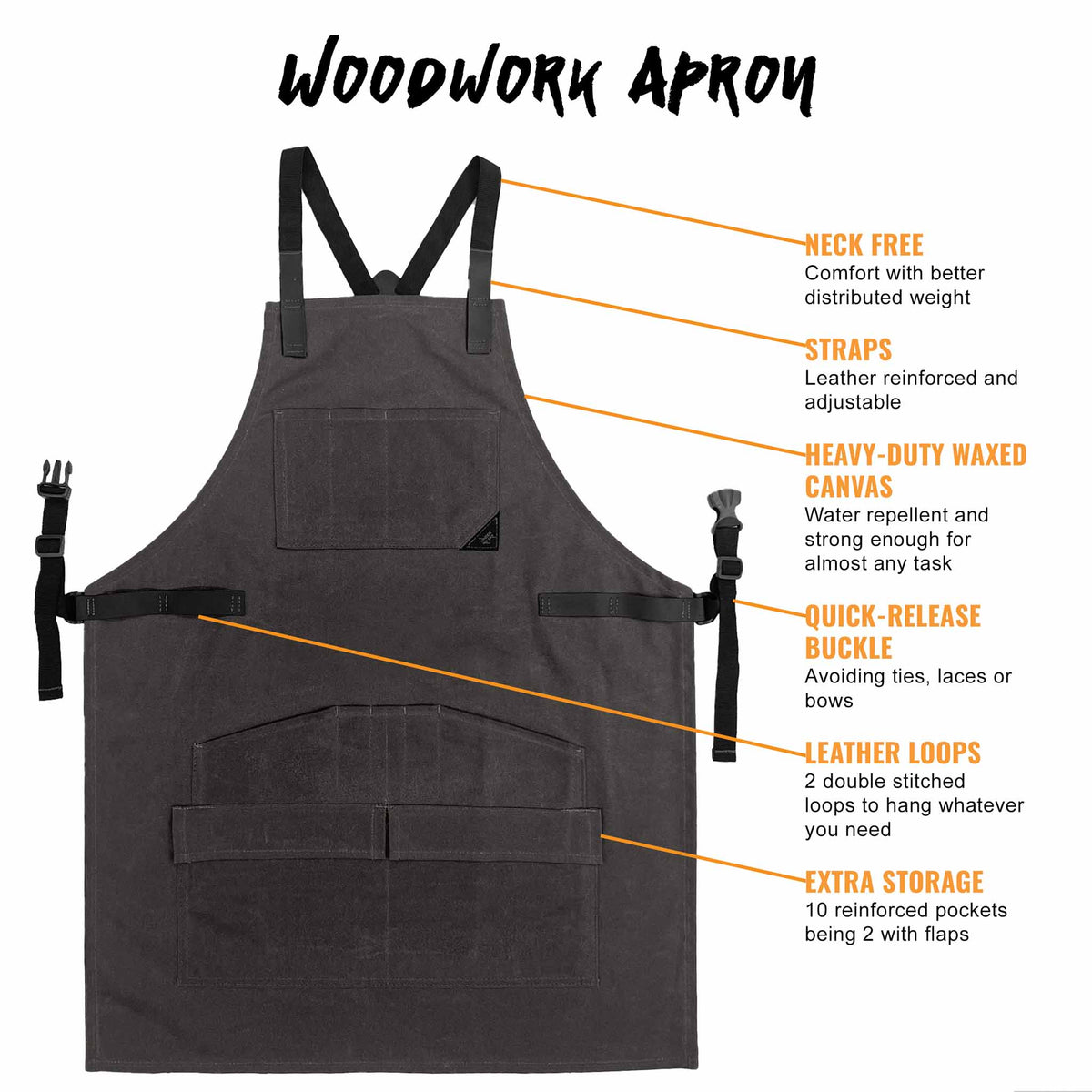 Woodwork Apron - 12 pockets & loops, Waxed Canvas, Cross-Back, Leather Reinforcement - Carpenter, Workshop, Tool - Under Ny Sky
