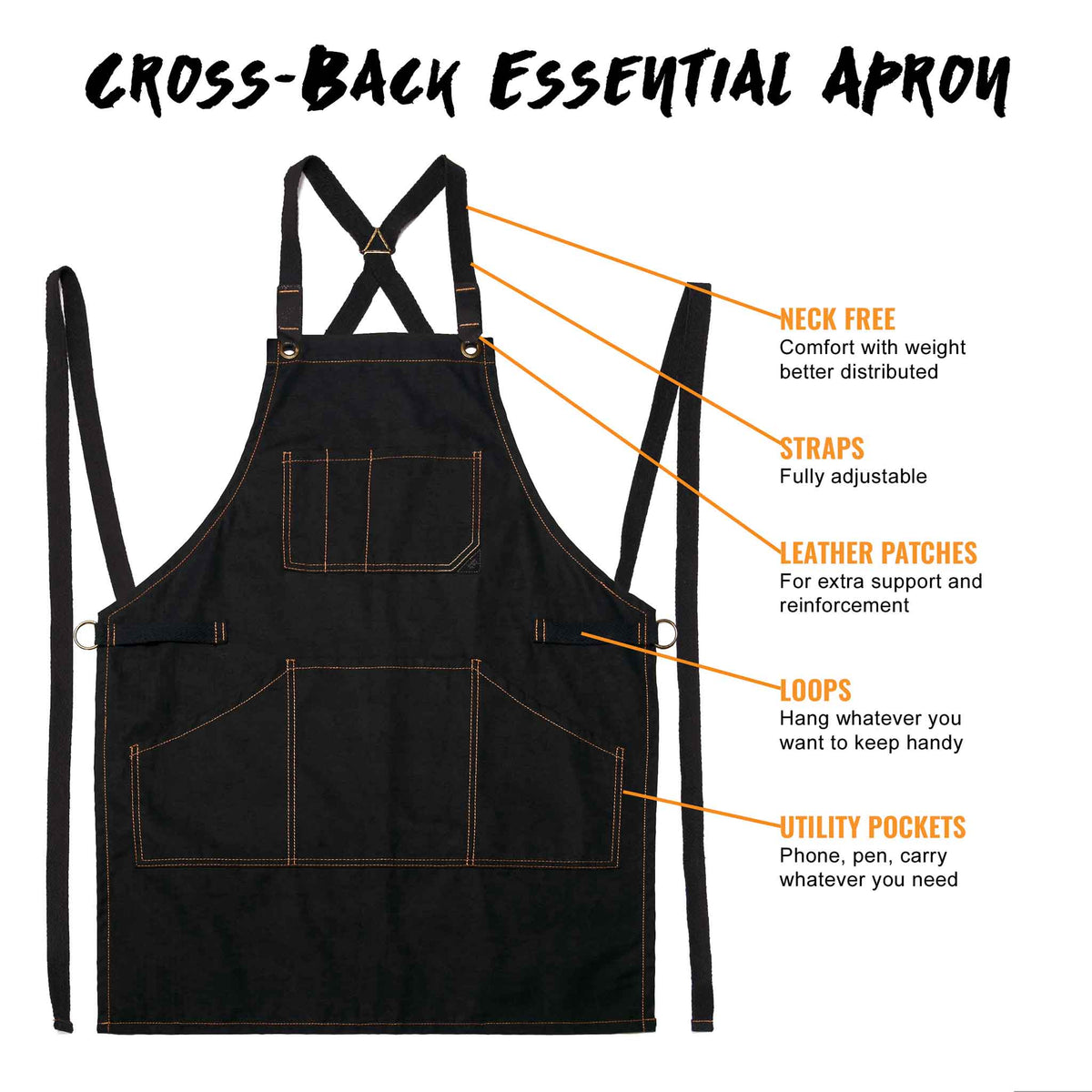 Work Apron - Professional Denim & Twill, Leather Trim, CrossBack, Chef, Bartender, Shop, Server - Under NY Sky